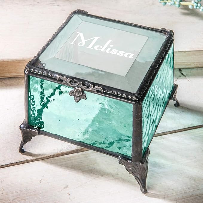Personalized Engraved Jewelry Box Decorative Vanity Display Stained Glass Keepsake - J Devlin Box EB217-1 (Windsor Blue)