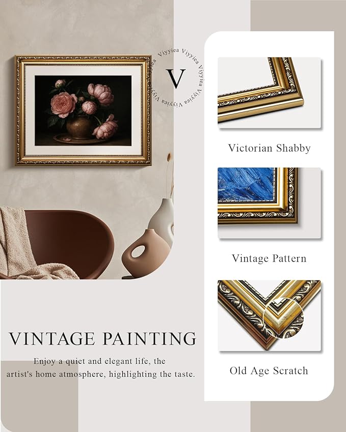 VIYYIEA Gold Framed Wall Art, Pink Peony Canvas Print Home Decor Vintage Art Painting Picture Bathroom Wall Decor, Flowers Artwork for Living Room Bedroom Kitchen Office - 16L x 13W