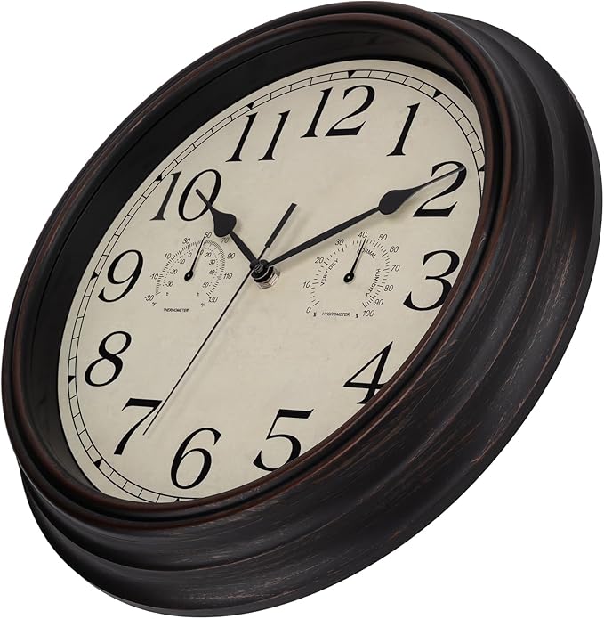 Foxtop Indoor Outdoor Waterproof Wall Clock with Thermometer and Hygrometer Combo, 14 Inch Retro Silent Non-Ticking Battery Operated Quartz Round Outdoor Clocks for Patio Home Office (Bronze)