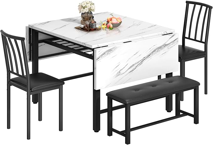 Lamerge 4-Piece Dining Table Set for 3-6 People, 63" Extendable Kitchen Table Set with 1 Bench and 2 Backrest Chairs, Faux Marble Table Square Dining Table Set with Drop Leaf for Small Space