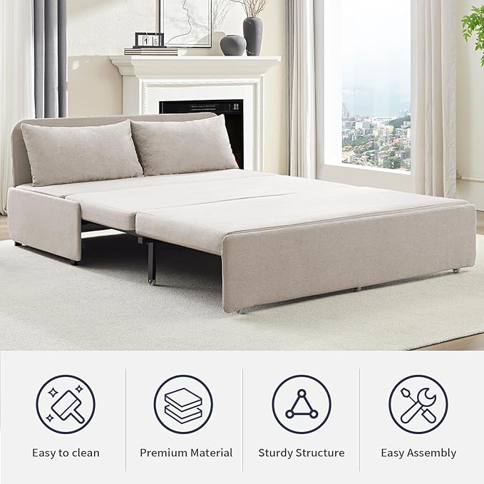 Queen Size Sofa Bed, Pull Out Sofa Bed with Cushions & Throw Pillows, Linen Couch Beds, Modern Convertible Sleeper Sofas Beds, Loveseat for Living Room for Small Spaces - Beige