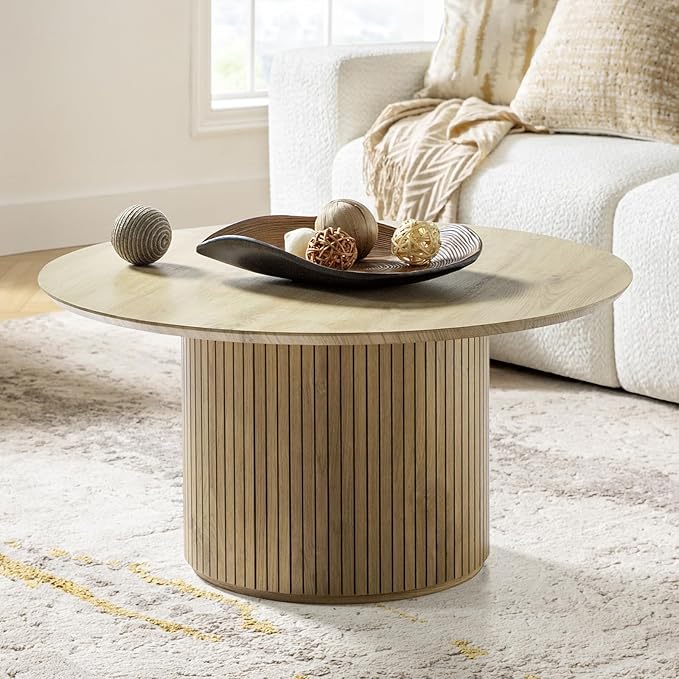 HULALA Home Round Coffee Table, Wood Coffee Table with Vertical Slat Base, Modern Coffee Table for Living Room and Lounge Room,Oak