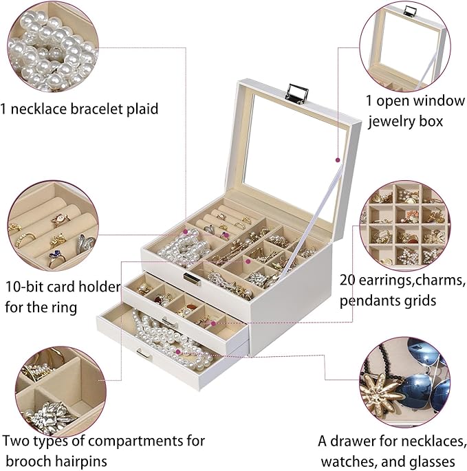 BOOVO Clear Lid Jewelry Box,3 Layers Jewelry Organizer Large Multi-Functional Jewelry Storage Box with 2 Drawers,Jewelry Display Case of Rings Earrings Necklace Bracelets for Women Girls (White)
