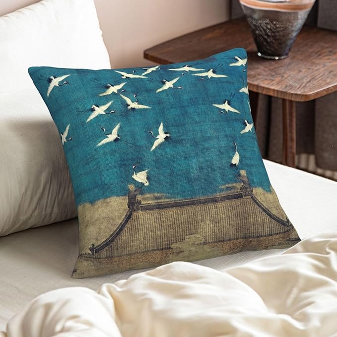Blue Vintage Chinoiserie Bird Throw Pillow Covers 18x18 Inch Set of 2 Farmhouse Rustic Pillow Case Antique Country Home Decor Cushion Cover of Sofa Living Room Bedroom