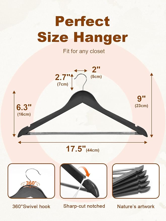 HOUSE DAY Black Wooden Hangers 30 Pack, Solid Wood Hanger with Non Slip Pant Bar, Heavy Duty Wooden Coat Hanger for Closet, Smooth Finish Wood Clothes Hangers for Shirts, Suits Jackets, Dress