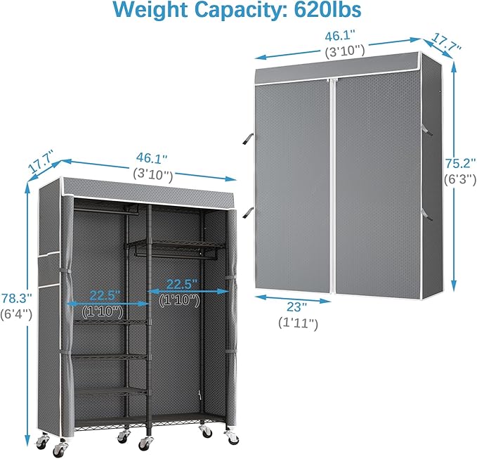 VIPEK R4C Rolling Garment Rack 6 Tiers Adjustable Heavy Duty Wire Shelving Portable Clothes Rack with Lockable Wheels, Black Metal Clothing Rack with Grey Upgraded Polyester Cover, Max Load 620lbs