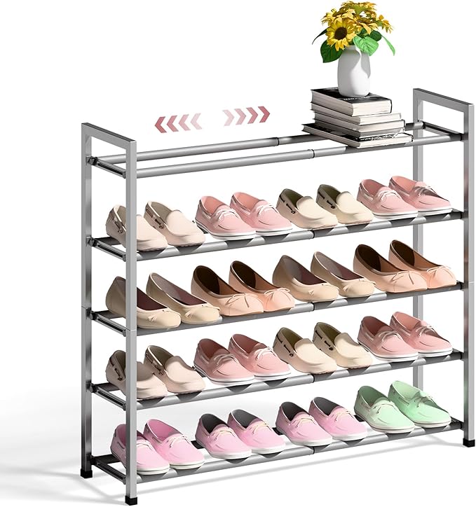 Bumusty 5-Tier Expandable Shoe Rack for Closet, 18“-33” Adjustable Shoe Rack for Small Space, Small Shoe Organizer for Front Door, Sturdy Metal, Light Grey