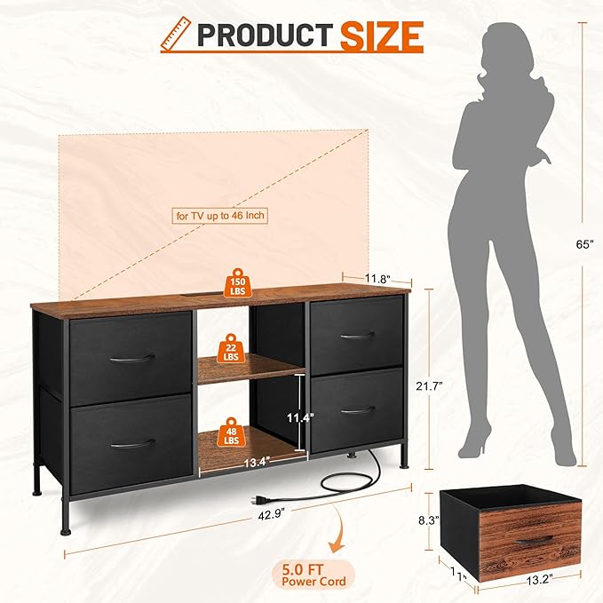 TV Stand for Bedroom, Television Stand for TV up to 46 Inch Entertainment Center Dresser with 4 Drawers Open Storage Shelves for Living Room, Entryway (Black and Rustic Brown)