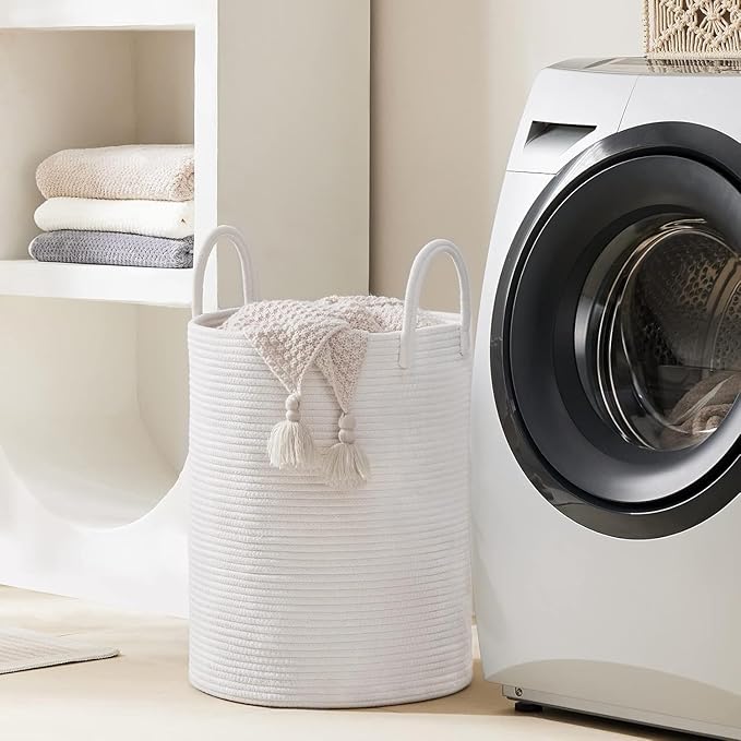 Woven Rope Laundry Hamper Basket by YOUDENOVA, 58L Tall Laundry Basket, Baby Nursery Hamper for Blanket Storage, Clothes Hamper for Laundry in Bedroom-Large-Pure White