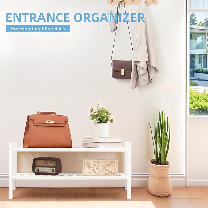 2 Tier Bamboo Shoe Rack Storage Organizer for Closet, Multifunctional Stackable Free Standing Shoe Shelf Organizer for Small Space,Entryway, Hallway, Bathroom27 x11 x13 (White, 2 Tier)