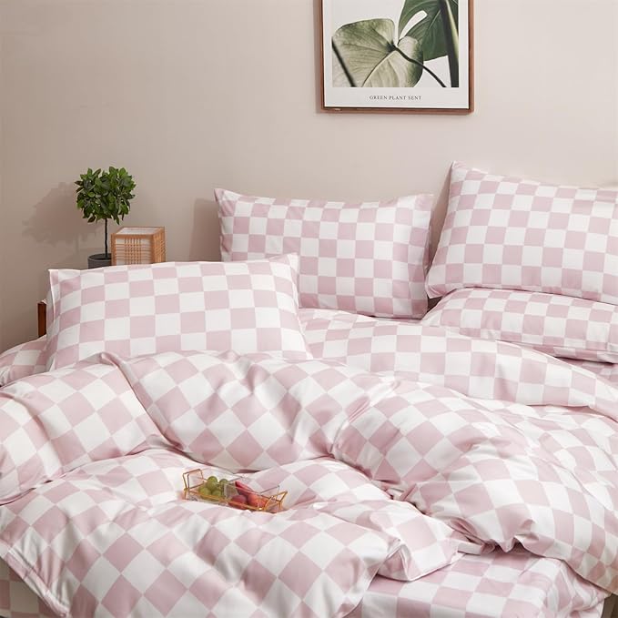 Pink and White Checkered Comforter Set Full Comforter Set 3 Piece Bedding Set with Lightweight Comforter and 2 Pillowcases Soft Microfiber All-Season