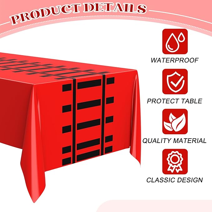 3 Pcs Train Party Decorations Railroad Track Tablecloths Train Birthday Party Supplies 54 x 108 Inch Plastic Table Covers for Railroad Track Western Theme Birthday (Red)