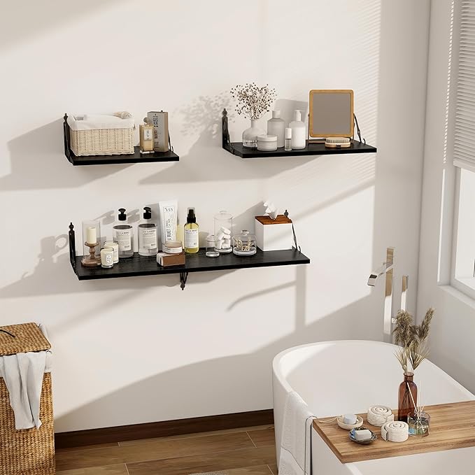 Deep Floating Shelves, 16" W x 12" D Wall Shelves Set of 2, Wide Display Shelf Wall Mounted with Brackets, Bookshelf for Living Room, Bathroom, Bedroom, Black