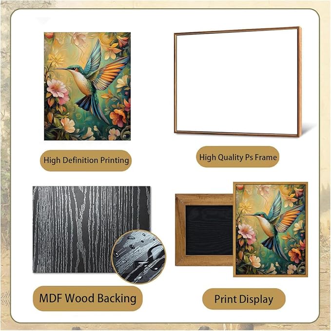 Djmwtb William Morris Vintage Framed Wall Art Floral Bird Canvas Wall Art Prints Flower Hummingbird Pictures Nature Painting Colorful Botanical Artwork for Bedroom Living Room 12x16in