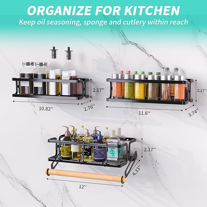 3 Pack Spice Rack Wall Mount | Kitchen Paper Towel Holder + 3 Hooks | Heavy Duty Metal Spice Jar Organizer | Screw/Adhesive (No Drill!) for Cabinet/Countertop/Pantry | S/M/L Sizes Black