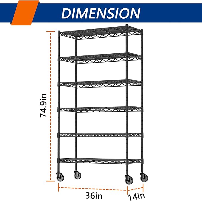6-Shelf Adjustable Heavy Duty Storage Shelving Unit, Metal Organizer Wire Rack for Laundry Bathroom Kitchen Pantry Closet with Wheels, Black