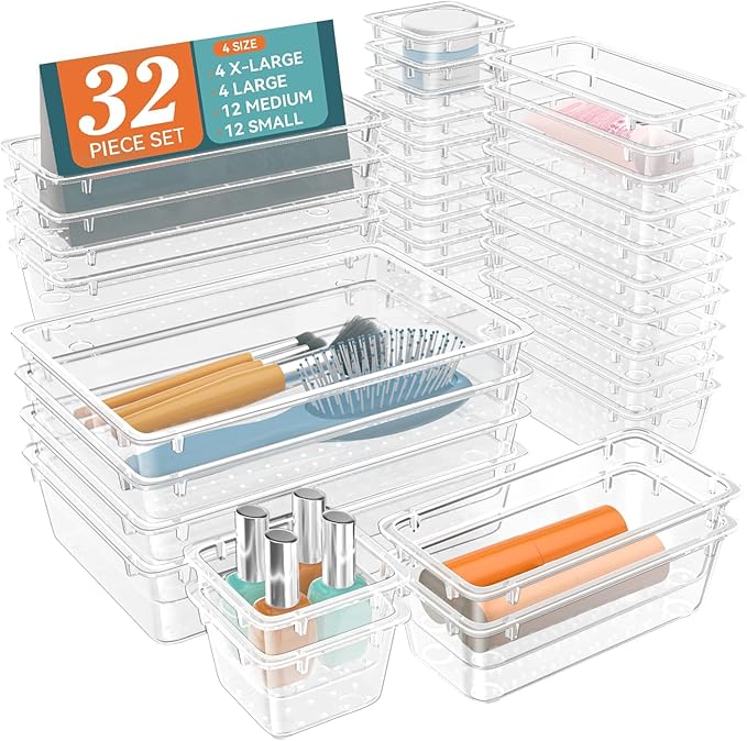 WOWBOX 32 PCS Clear Plastic Drawer Organizer Set, 4 Sizes Desk Drawer Organization and Storage Containers for Makeup, Cosmetics, Jewelry and Gadgets in Kitchen, Bathroom, Bedroom, Office, Clear