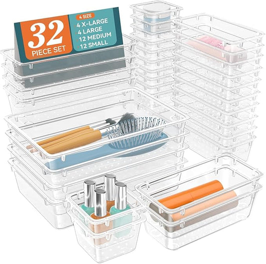 WOWBOX 32 PCS Clear Plastic Drawer Organizer Set, 4 Sizes Desk Drawer Organization and Storage Containers for Makeup, Cosmetics, Jewelry and Gadgets in Kitchen, Bathroom, Bedroom, Office, Clear