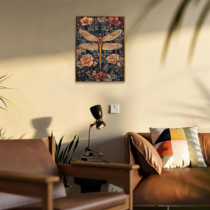 Djmwtb Vintage Framed Wall Art Floral Dragonfly Canvas Wall Art Prints Flower Botanical Painting Nature Pictures Artwork for Bedroom Living Room 12x16in