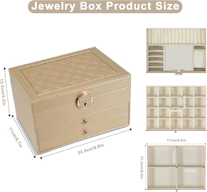 3-Layer Jewelry Box for Women, Earing Holder Jewelry Organizer and Storage with Removable Tray, Vintage Quilted Top Lockable Holder Gift Idea Champagne