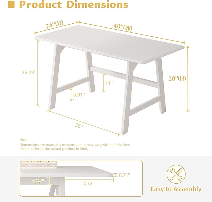 IOTXY Solid Wood Writing Table - 48" W x 24" D Minimalist Computer Desk for Home Office, Work, Study, Creativity, and PC Workstation, White
