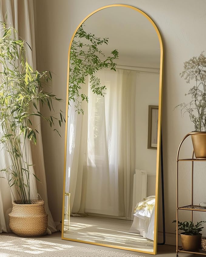 Full Length Mirror with Stand, 58"x18" Arched Full Body Mirror, Large Stand Up Aluminum Frame Floor Freestanding Hanging Leaning Mounted for Bedroom Living Room Entryway Gold