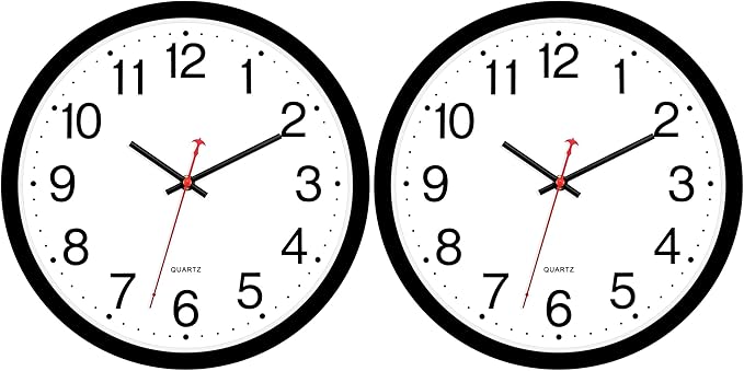 Foxtop 2 Pack Black Wall Clock, 12 Inch Silent Non Ticking Quartz Battery Operated Round Analog Wall Clock for Classroom School Office Living Room Bedroom Home