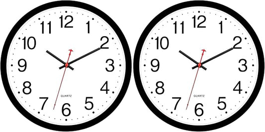 Foxtop 2 Pack Black Wall Clock, 12 Inch Silent Non Ticking Quartz Battery Operated Round Analog Wall Clock for Classroom School Office Living Room Bedroom Home