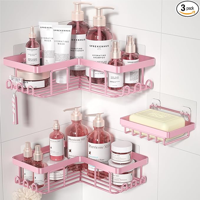 YASONIC Corner Adhesive Shower Caddy, with Soap Holder and 12 Hooks, Rustproof Stainless Steel Bathroom Organizer, No Drilling Wall Mounted Rack, Pink, 3-Pack