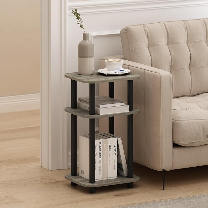 Furinno Just 3-Tier Turn-N-Tube Curve End Table, Side Table, 1-Pack, French Oak/Black