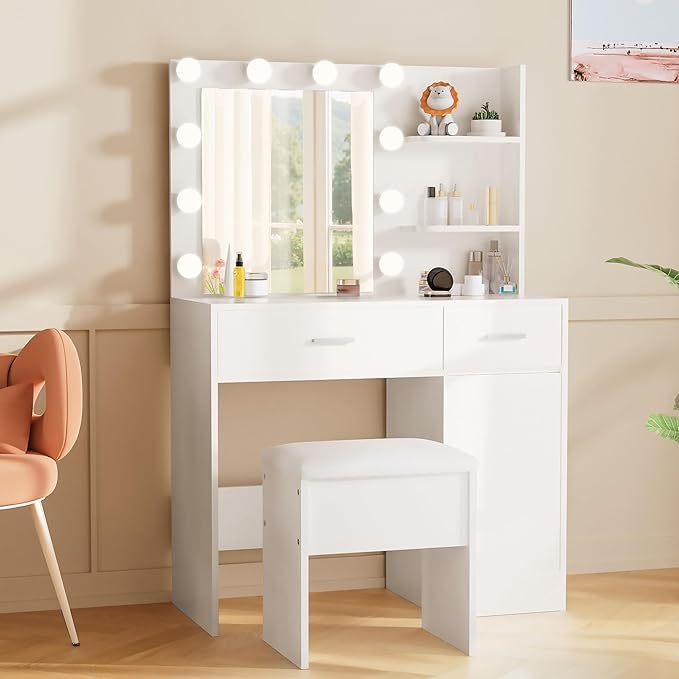 Small Makeup Vanity Stool,15.7" W x 10.2" D x 16.7" H，White（Easy Assembly,PU Cushion Mat, Footstool）