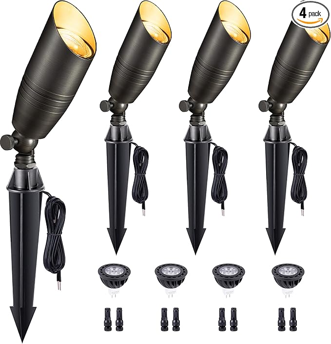Brass Landscape Lighting - Low Voltage Spotlights Outdoor LED, 12V Wired Uplights, Waterproof Spot Lights, Bronze for Outside Trees with 5W 4000K Natural White MR16 Bulb (4 Pack)