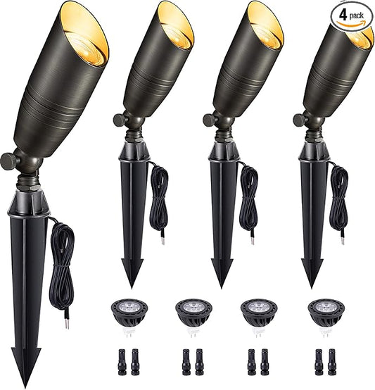 Brass Landscape Lighting - Low Voltage Spotlights Outdoor LED, 12V Wired Uplights, Waterproof Spot Lights, Bronze for Outside Trees with 5W 4000K Natural White MR16 Bulb (4 Pack)