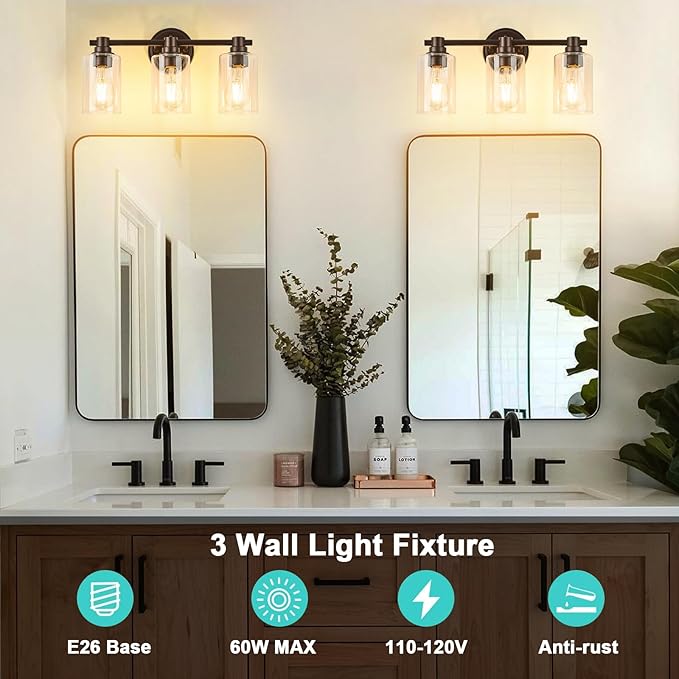 Bathroom Light Fixtures Wall Sconce Light with Clear Glass Oil Rubbed Bronze 3 Lights Bathroom Lighting Over Mirror Vanity Lights for Living Room,Bedroom,Restroom,Hallway E26 Base