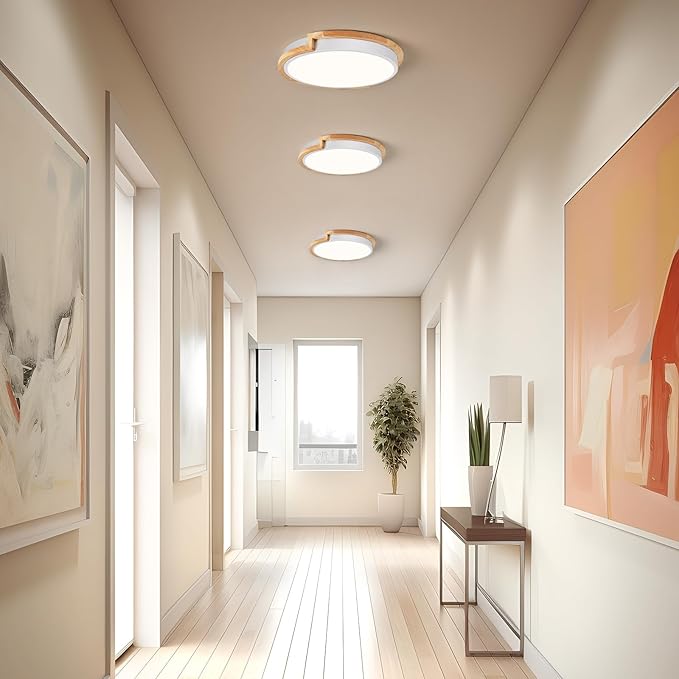 Modern LED Close to Ceiling Light, Round Shape Flush Mount Ceiling Lighting Fixture, Matte White with Wood Accent, Minimalist Kitchen Light Fixtures for Bedroom, Entryway, Laundry Room, 11.8in