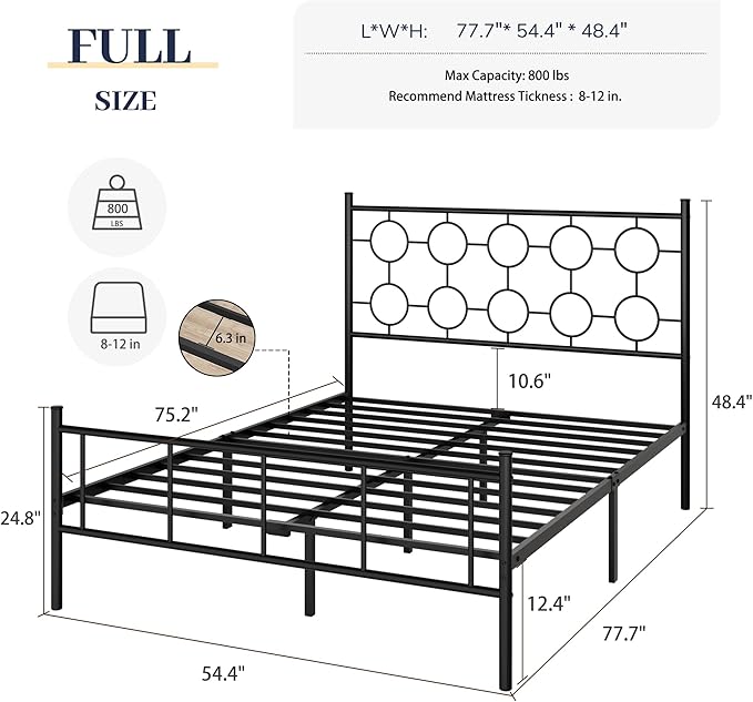 Full Size Classic Metal Platform Bed Frame with Headboard and Footboard, Victorian Style Iron Bedframe with 12 inch of Storage Under Frame, Slat Support, No Springs Required, Easy to Assemble (Black)