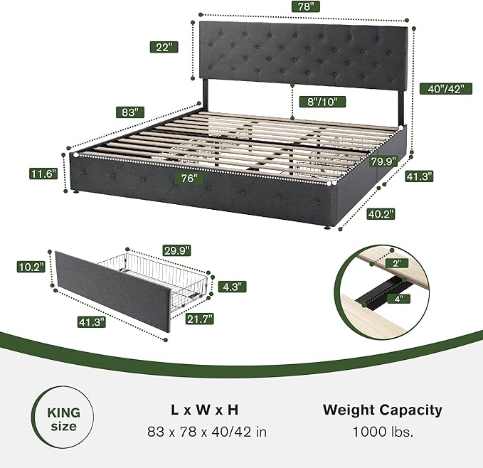 MUTICOR King Size Bed Frame with 4 Storage Drawers, Upholstered Platform Bed with Button Tufted Adjustable Headboard, No Box Spring Needed, Easy Assembly, Diamond Tufted, Dark Grey Fabric