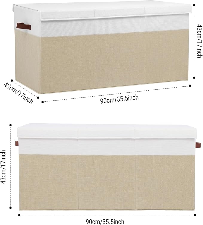 Extra Large Toy Storage Box with Lid, Sturdy Toys Storage Chest Bin Organizer Basket with Dividers for Kids, Boys, Girls, Nursery, Closet, Bedroom, Playroom 35.5"x17" x17" (Beige and White)