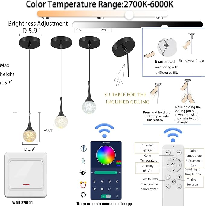 Flashing God Black 1 Light Crystal Pendant Lighting K9 Crystal Globe Pendant Chandeliers Crystal Bubble Chandeliers Kitchen Island Pendant Lighting Dimming LED 2700k 4500k 6000k