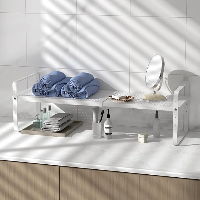 Expandable Kitchen Cabinet Shelf Organizer Rack Heavy Duty Metal Spice Rack Stackable Kitchen Counter Storage Shelf for Kitchen Cabinet Pantry Bathroom (White - 16.5"-27" L x 10.2" W x 9.6" H - 3Pack)