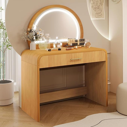 Merax 39" Make Up Vanity Desk with Touch Screen Lighted Mirror and Storage Drawer, Rubber Wood Girls Makeup Dresser Table for Bedroom, Dressing Room