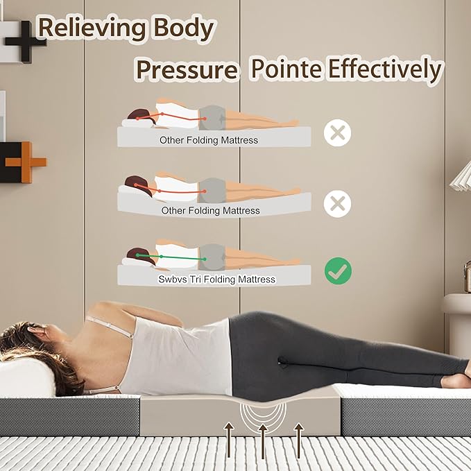 Tri-Fold Memory Foam Mattress, 6 inch Single Folding with Washable Covers, Reversible Design, Foldable Topper for Travel&Guests, 75"×25"×6"