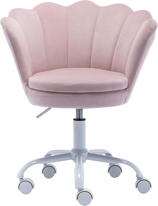 Adjustable Kids Desk Chair Cute Reading Computer Chair for Students Modern Upholstered Velvet Swivel Rolling Armchair for Girls Bedroom, Seashell Back (Light Pink)