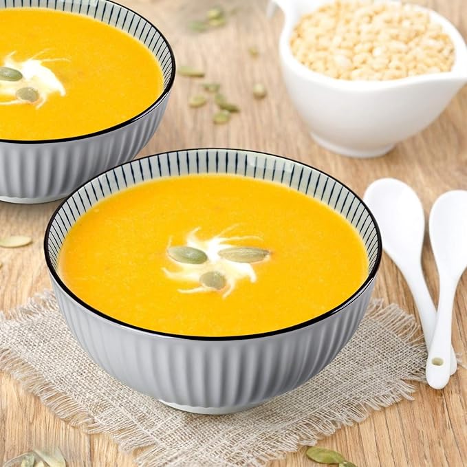 QINLANG 6 Inch Blue and White Porcelain 30 oz Bowls Set of 6 for Soup, Cereal, desserts, ice cream and Rice - Striped Pattern