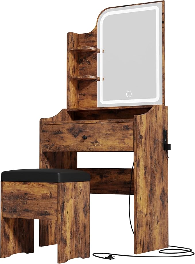 LIKIMIO Small Makeup Vanity Desk with Mirror and Lights, Vanity Table Set with Storage Drawer, Chair and Three Shelves, Bedroom, Vintage Brown