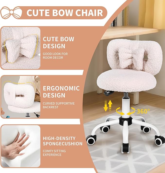 Kids' Desk Chair with Bow Design, Cute Upholstered Swivel Chair with Wheels and Adjustable Height, Small Comfy Armless Chair for Girls/Children (Cream)