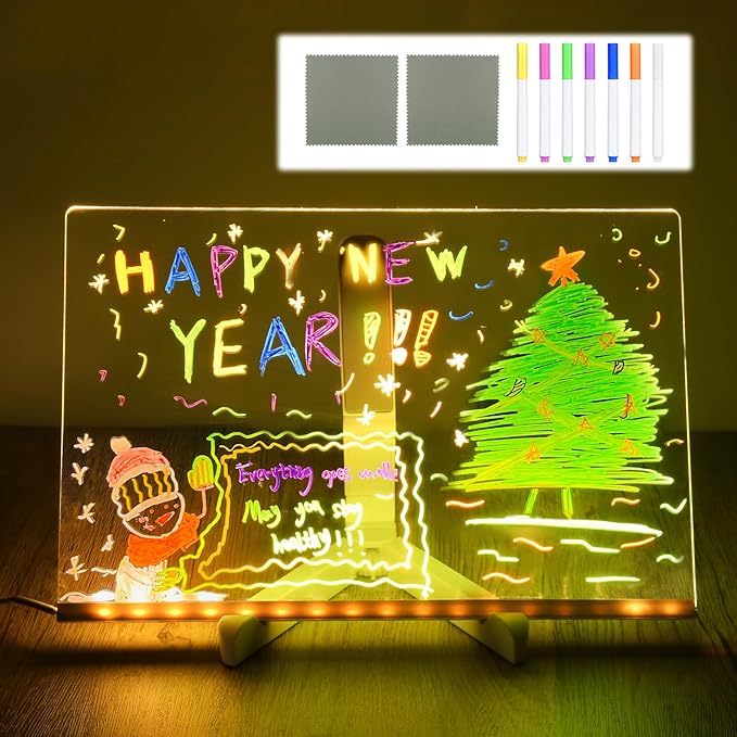 Acrylic Dry Erase Board LED Note Board with Colors, 2025 New Glowing Acrylic Message Marker Board with Light, Dry Erase Board with Stand & 7 Colored pens Illuminated Drawing Board 11.8in * 7.9in