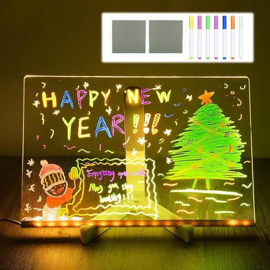 Acrylic Dry Erase Board LED Note Board with Colors, 2025 New Glowing Acrylic Message Marker Board with Light, Dry Erase Board with Stand & 7 Colored pens Illuminated Drawing Board 11.8in * 7.9in