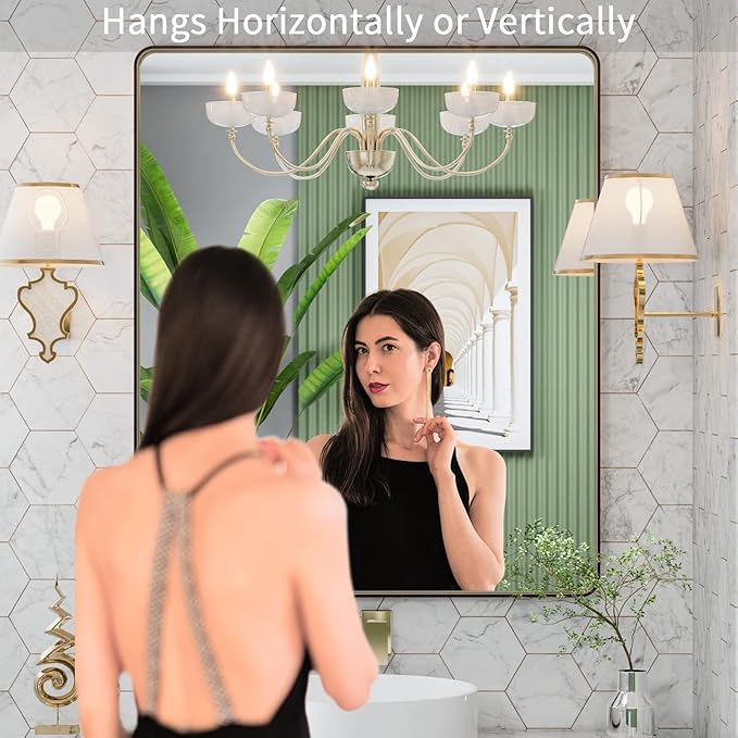 LOAAO 30”X36” Bronze Bathroom Mirrors for Vanity, Rounded Rectangle Brushed Bronze Metal Frame Mirror, Anti-Rust, Tempered Glass, Hangs Horizontally or Vertically