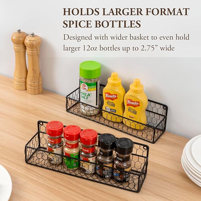 MyGift Wall Mountable Spice Rack Shelf Organizer, 12-Inch Black Chicken Wire Hanging Kitchen Seasoning Condiment Storage Display Rack, Set of 2
